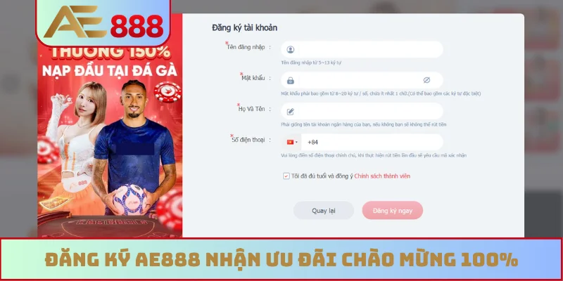 Đăng ký AE888 nhận ưu đãi chào mừng 100% Đăng ký AE888 nhận ưu đãi chào mừng 100%